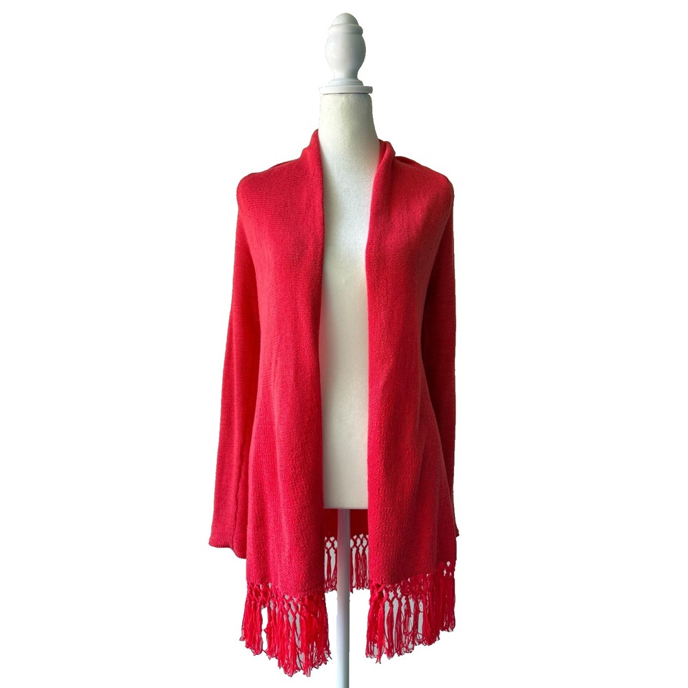 Lilly Pulitzer Long Cardigan Womens XXS Ruby Red Metallic Open Front Tasseled